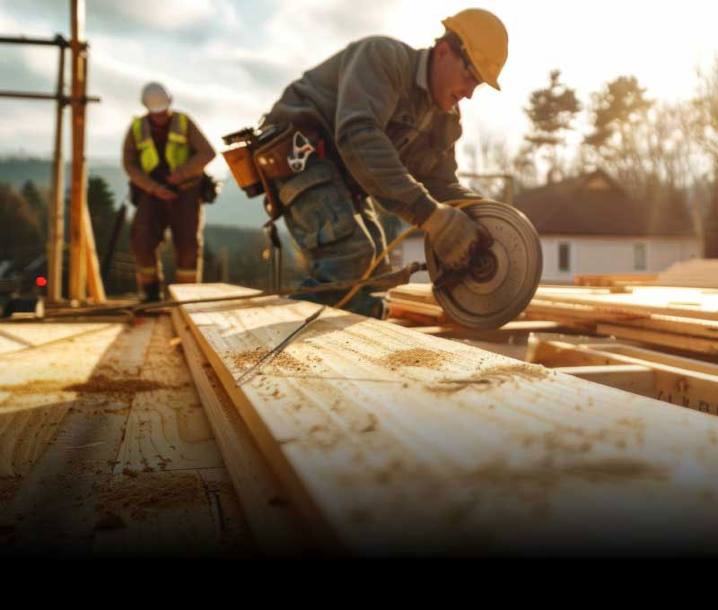 A construction worker wearing a hard hat and a tool belt is tying down planks of wood among coworkers building a new home.