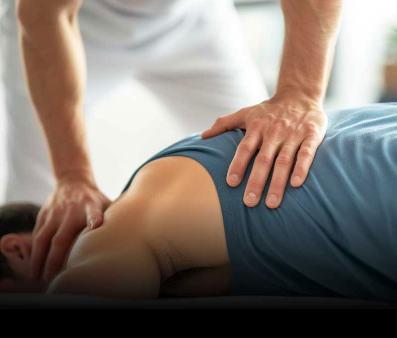 A chiropractor placing their hands on a patient's back and neck.